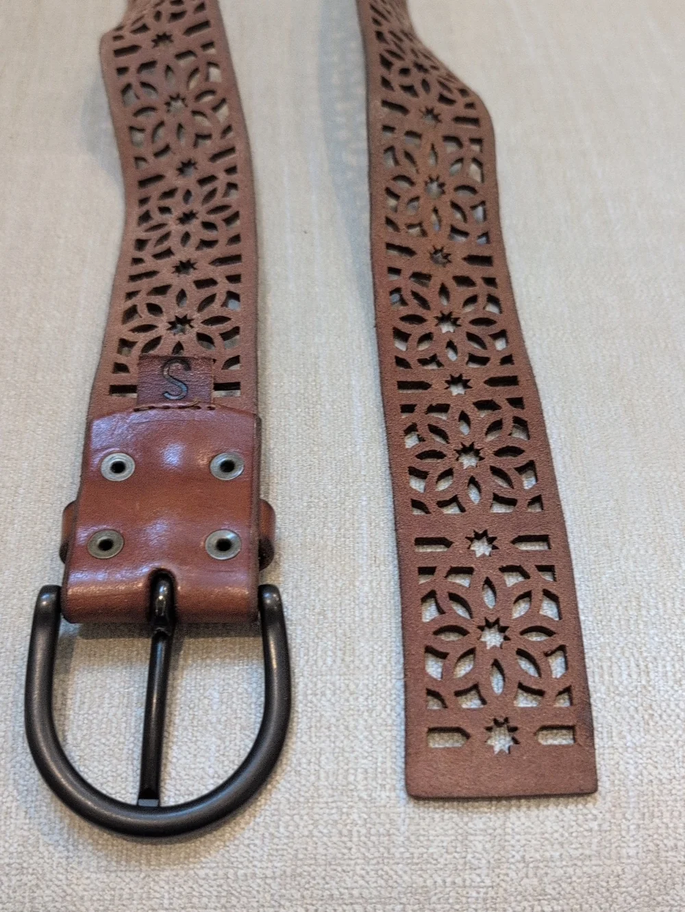 Brown Laser-Cut Floral Leather Belt Gunmetal Buckle Adjustable